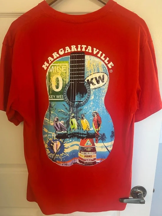 Margaritaville Red Tropical Guitar Tee. GOOD VIBES LG - Picture 1 of 6